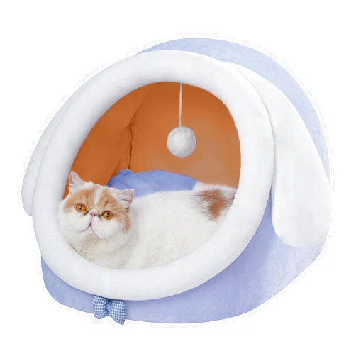Jiupety Cute Cat Bed, Indoor Lovely Crystal Velvet Igloo for Cat and Small Dog, Warm Cat Bed Cave for Puppy and Kitten, Big Ear, L.