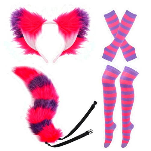 Procicia Cat Costume Set for Halloween Dress Up,Cat Ears and Tail Cosplay Costumes for Women,Pink Purple Striped Gloves and High Socks