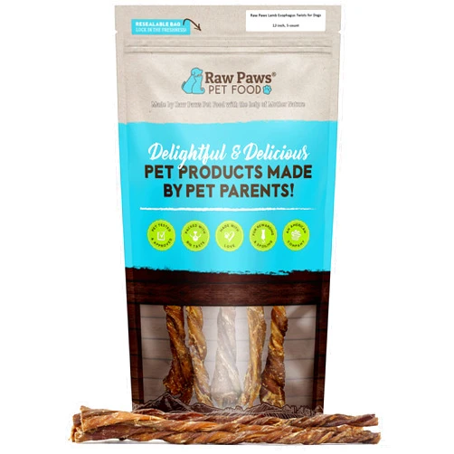Raw Paws Lamb Esophagus Twists for Dogs, 12 inch, 5-ct - Packed in USA - Lamb Weasand Twist - Natural Dog Lamb Treats from Free-Range Sheep - Lamb Dog Treats - Gullet Lamb Esophagus Dog Treats