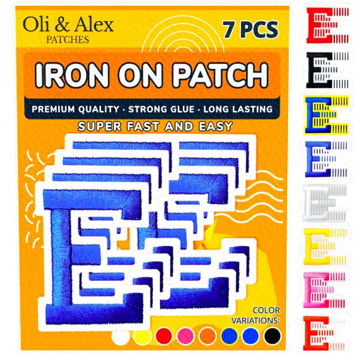 Oli and Alex Iron On Letters 2.4 inch - 7 pcs of E Blue Patches Letters for Clothing - Super Glue - No sew Needed - Embroidery Alphabet Football Team School University - Blue, E