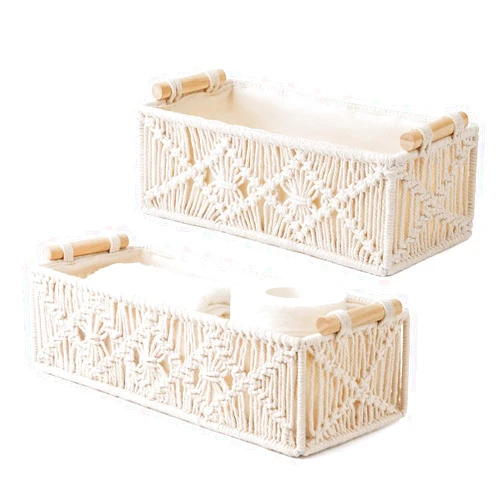 Mkono Macrame Storage Baskets Boho Decor Box Handmade Woven Decorative Countertop Toilet Tank Shelf Cabinet Organizer for Bedroom Livingroom Home, Set of 2, Ivory