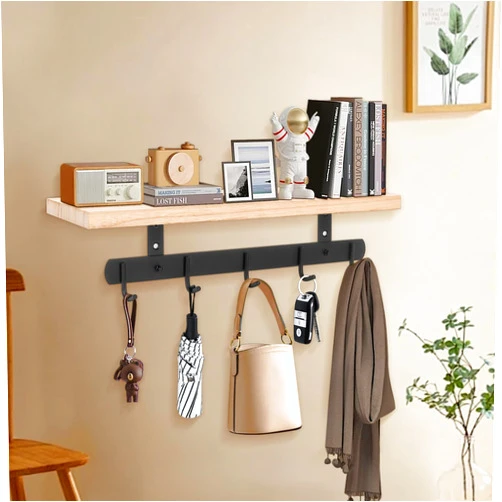 Livabber Wall Mounted Coat Rack with Wooden Shelf, Heavy Duty Wall Hanging Storage with 5 Stainless Steel Hooks for Bathroom, Entryway, Living Room, Bedroom (Black)
