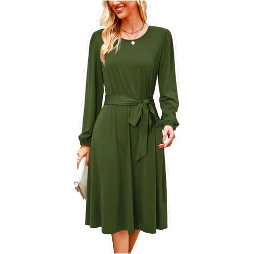 PerZeal Women's Winter Long Sleeve Crewneck Dress Casual Belted A Line Flowy Business Work Teacher Midi Dresse