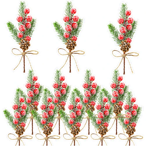 Bacucine 12PCS Christmas Berries Pine Cones Artificial Tree Picks Christmas Decorations with Snow Covered Evergreen Pine Branches for Holiday Family Gathering Craft Gift Wrap Decor