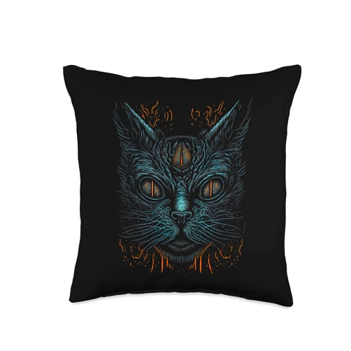 Great Creepy Scary Horror Cat Artwork Illustration Creepy Scary Horror Cat Art Illustration Design Throw Pillow, 16x16, Multicolor