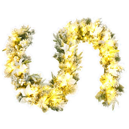 Goplus 9ft Snow Flocked Christmas Garland with 50 LED Lights, Pre-Lit Battery Operated Artificial Garland with White Berries & Poinsettias Flowers, Timer, Snowy Holiday Decoration for Mantel Indoor