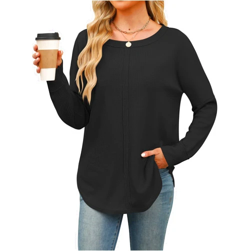 ANRABESS Womens Long Sleeve Shirts Oversized Waffle Knit Casual Loose Crewneck Pullover Sweater 2024 Fall Tunic Tops