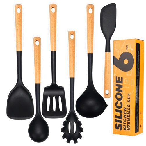 Hvygss Kitchen Utensils Set, Hvygss Black Silicone Cooking Utensils Set with Wooden Handle Heat Resistant Large Silicone Utensil Set Spoons Spatula Set
