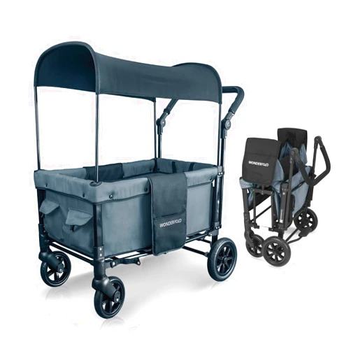 WONDERFOLD W1 Original Stroller Wagon (2 Seater) - Collapsible Wagon Stroller with Seats with 5-Point Harnesses, Adjustable Push Handle, and Sun Canopy, Smoky Gray