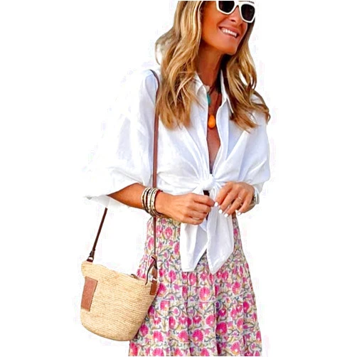 BQEC New Solid White Blouse Floral Print Two-piece Set Ruffles A-line Maxi skirts Short Sleeve Loose Shirt Summer Women Suits