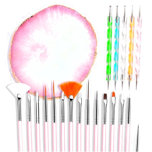 Puyokinm 21 Pcs Nail Art Brushes Nail Art Tool Set Resin Palette Nail Art Painting Pen Set Mixed Color Double-Ended Acrylic Carving Pen Dotting Pen Manicure Kit Board for Nail Art Designs Tools Pink