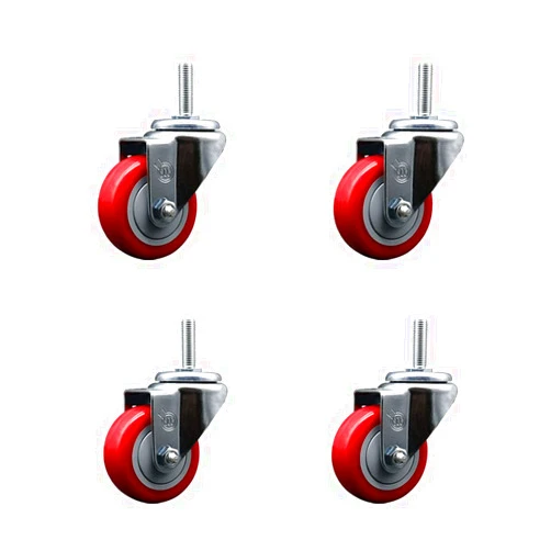 Service Caster Polyurethane Swivel Threaded Stem Caster Set of 4 w/3
