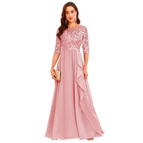 HTBVGO Chiffon Lace Mother of The Bride Dresses for Wedding Long Ruffles Formal Evening Gown with Sleeves