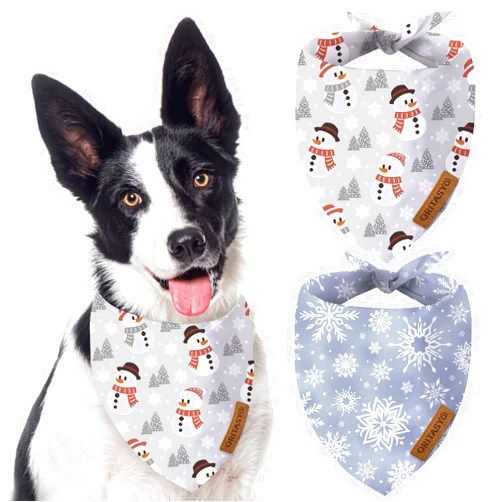 ORITASY Christmas Snowman Dog Bandanas, 2-Pack Triangle Reversible Snowflakes Pet Scarves, Premium Fabric, Bandana for All Boys Girls Dogs (Large, Style 3)