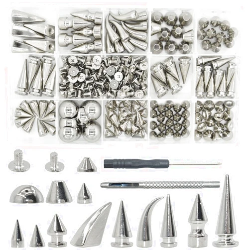 HDST-HOME 150 Set Punk Spike Rivets Kit, 13 Type Large Studs and Cone Spikes Screw Back Bullet Cone Studs with Install Tools for DIY Project, Necklace Jacket Vest Shoes Boot Leather Crafts (Silver)