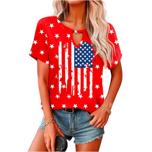 WOSHN American Flag Shirts Women USA Patriotic Tees 4th of July T-Shirt V-Neck Short Sleeve Graphic Tee Tops