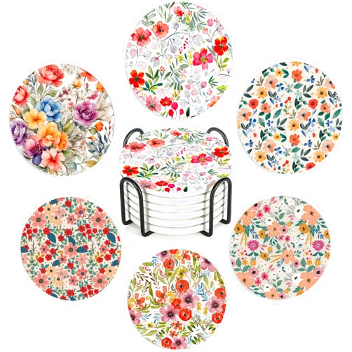 HUSITI 6 Pcs Coasters for Drinks with Holder, Vintage Watercolor Flowers Absorbent Ceramic Coasters with Cork Base,Cute Funny Table Drinks Coasters Tabletop Protection Mat,Table Home Decor,4 Inches