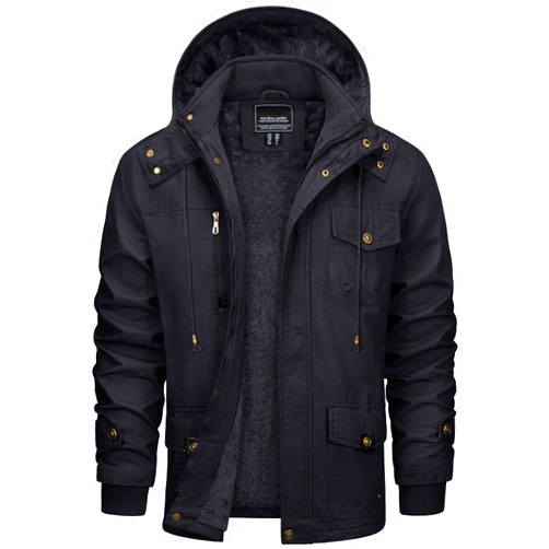 CRYSULLY Men's Winter Jacket Cotton Military Jackets Fleece Lined Thick Warm Cargo Coats Multi-Pocket Outwear with Hooded