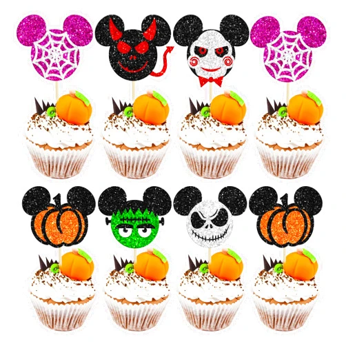 Gyufise 24Pcs Mini Mouse Inspired Halloween Cupcake Toppers Glitter Witch Hat Bat Ghost Spooky Cupcake Picks for Halloween Theme Baby Shower Birthday Party Cake Decorations Supplies