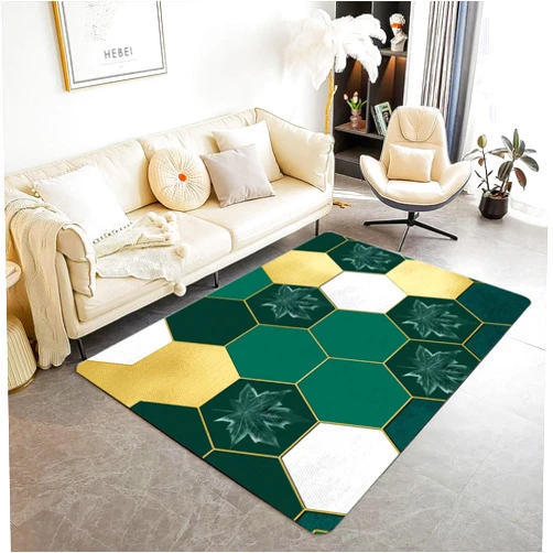 RUGROOM Modern Hexagonal Geometric Area Rug Abstract Gold Honeycomb Lattice Green Maple Leaf Printed Rug Living Room Kids Room Playroom Nursery Bedroom Rug Soft Durable Stain Resistant Green Rugs 2x4ft
