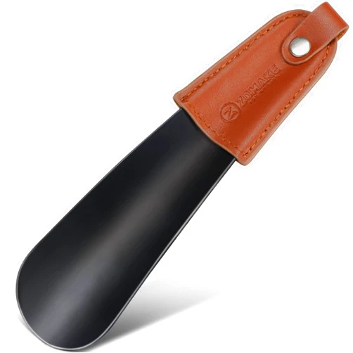 ZOMAKE Metal Shoe Horn Small Shoehorn 6.7 inch - Travel Shoe Horns for Seniors Men Women Kid - Stainless Steel Shoe Horn with Leather Handle(Black)