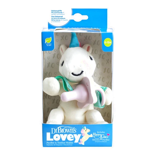 Dr. Brown's Baby Lovey Pacifier and Teether Holder, Unicorn with Pink HappyPaci, 100% Silicone, 0-6m
