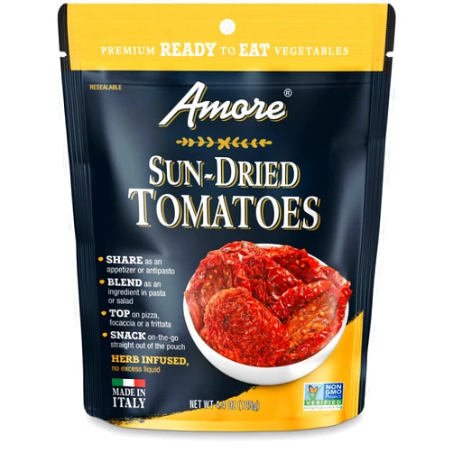 Amore Vegan Sun Dried Tomatoes - Non GMO Certified Ready-to-Eat Herb Infused Vegetables In Resealable Bags 4.4 Ounce (Pack of 10)