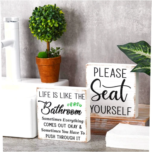 Cinnvoice 2 Pcs Bathroom Signs Decor 6 Inch Wooden Funny Toilet Signs Wall Table Shelf Decorations Rustic Wood Plaque Please Seat Yourself Bathroom Art Decor for Home Toilet Restroom(White,Vintage)