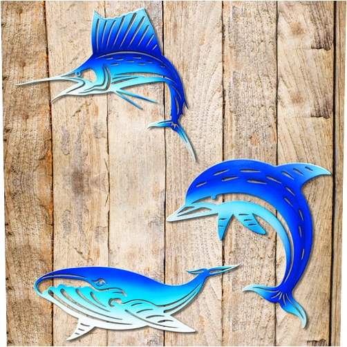 BVLFOOK metal wall art decor dolphin tuna whale,beach coastal hanging decorations for bathroom,ocean nautical tropical beach themed decor for home pool fence patio office 3 set 9inch blue