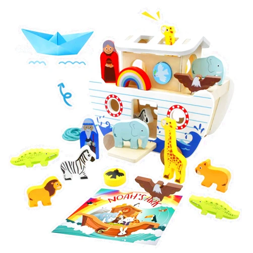 bpmfkid Noah's Ark Wooden Toy Set, Educational Wooden Animal Toys for Toddlers, Montessori Shape Sorter Educational Toys, Bible Story Engagement & Perfect Baptism, Christening Gift for 2-4 Y