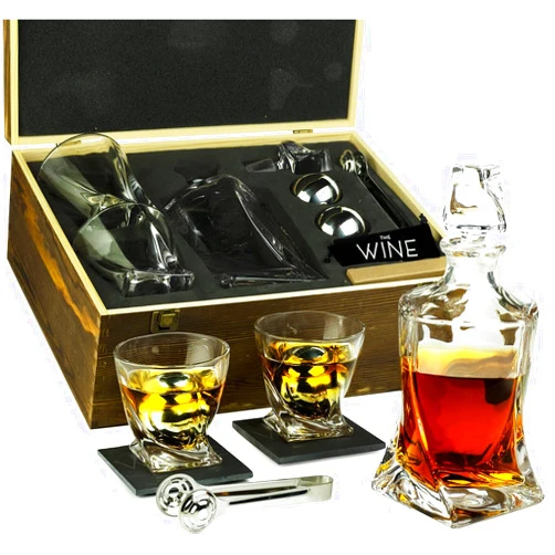 The Wine Savant Whiskey Stones & Decanter Gift Set for Men & Women, By The Wine Savant, 2 XL Stainless Steel Whiskey Balls, 2 Twist Glasses, Whiskey Decanter, 2 Coasters, Freezer Pouch & Special Tongs in Pinewood Box