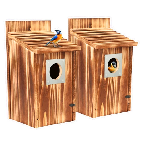 UUMENHA 2 Pack Bird Houses for Outside with Metal Predator Guard for Bluebird Wren Swallow Finch, Carbonized Wooden Nesting Boxes for Outdoor, Sturdy Bird House,Easy to Clean