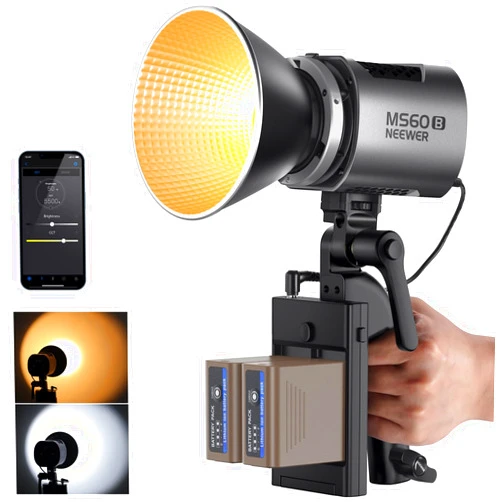 NEEWER MS60B 65W COB LED Video Light with Battery Kit, 2.4G/APP Control, 2X 7800mAh NP-F970 Battery PD Fast Charging, 2700K-6500K, PWM Dimming, 40000lux/1m, CRI97+/TLCI98+, 12 Scenes, Bowens Mount