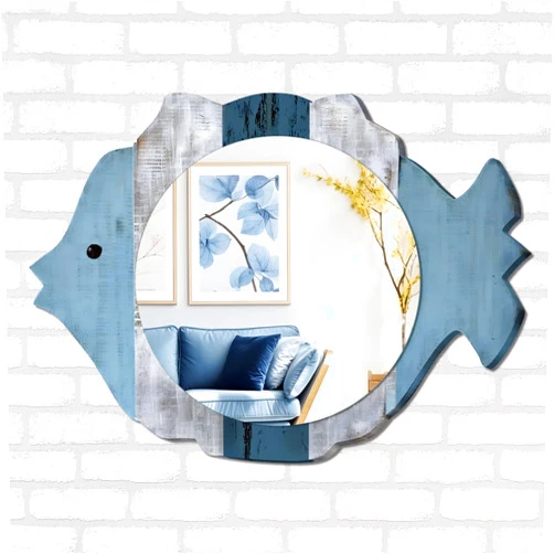 Colingmill Wooden Beach Mirror Wall Decor Small Decorative Coastal Fish Acrylic Mirror Wall Art Blue Sea Round Mirror Nautical Themed House Home Decor for Bedroom, Bathroom, Living Room, Nursery Decor