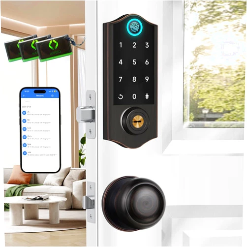 Harfo Fingerprint Smart Door Locks for Front Door with Handle Set, App Control, Keyless Entry Door Lock Keypad Deadbolt, Bluetooth Digital Electronic Touchscreen, Easy Install, Auto Lock, Aged Bronze