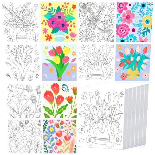 Honoson 6 Pcs 6 x 6 Inch Pre Drawn Outline Canvas Paint Kit Painting with Pictures to Paint for Adults Paint Party Stretched Canvas Painting Art Boards Set for Kids Students Beginner Paint (Floral Style)