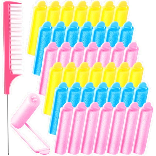 Syhood 43 Pcs Foam Sponge Hair Rollers Women 0.59 Inch Soft Sleeping Curlers Flexible Sponge Curler Tool and Rat Tail Comb for Hair Styling Hairdressing Overnight Curl and Volume(Pink Blue Yellow)