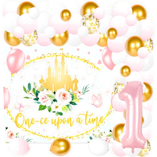 Merrystorm Princess Theme Royal Castle Floral Princess One-Ce Upon A Time Photography Background Cloth Backdrop Pink Balloon Arch Kit for Girls 1st Birthday Party Supplies