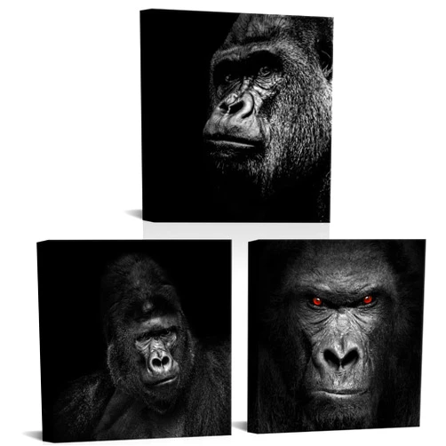 RyounoArt 3 Piece Gorilla Canvas Wall Art Black Animal Portrait Painting Pictures Ape Chimpanzee Prints Artwork for Living Room Bedroom Wall Decor Ready to Hang 12“x12 x3pcs
