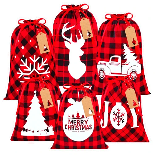 Aneco 6 Packs Christmas Buffalo Plaid Drawstring Bags Red and Black Plaid Gift Bag Cotton Xmas Buffalo Plaid Present Bags with 24 Tags Rope for Christmas Gift Wrapping, Assorted Sizes