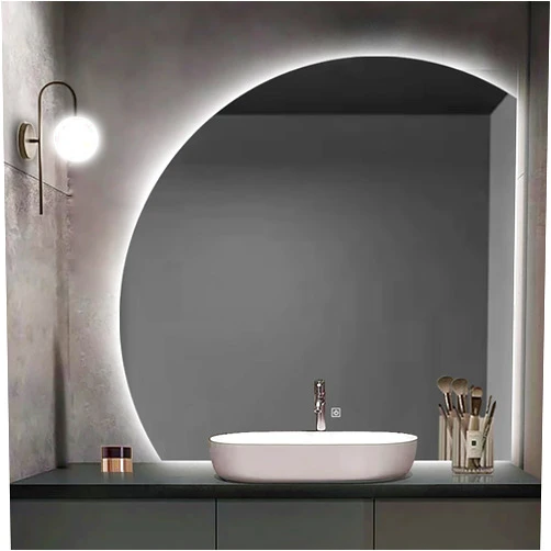 LHIUGE Modern bathroom mirror, wall-mounted bathroom mirror with touch switch, semi-circular decorative mirror with LED lighting, special-shaped semi-circular illuminated vanity mirror, bathroom mirror