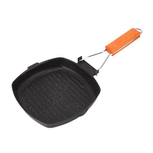 TITA-DONG Carbon Steel Frying Pan, Non Stick Grill Pan with Folding Beech Handle, Reusable Divided Griiling Pan, Outdoor Household Energy Saving Skillet Pan for Breakfast, Steak, Omelet(28x28cm)