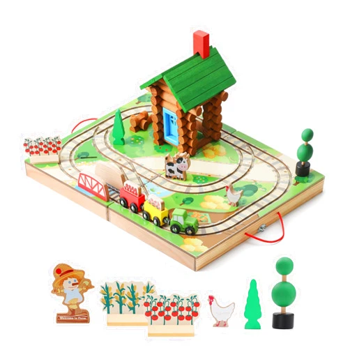 SainSmart Jr. Train Set for Toddlers, Portable Farm Log Cabin 78 PCS, Take-Along Tabletop Railroad with Building Block for Toddlers and Kids Ages 3+