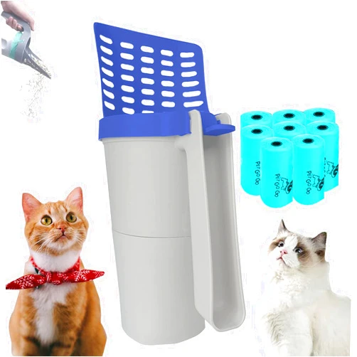PABTID Cat Litter Scooper with Holder: 2 in 1 Portable Kitty Integrated Detachable Deep Cat Litter Shovel with Waste Container Poop Sifting Cat Litter Disposal Syst with 120 Count Refill Bags (Blue)