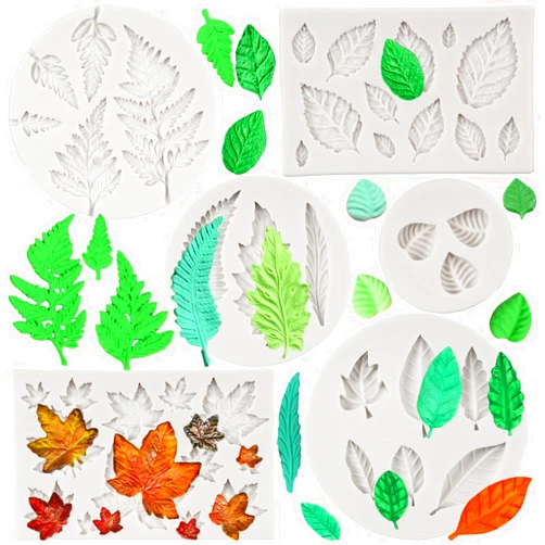 FCKEMLDS Leaf Silicone Mold Maple Leaf Fondant Mold Rose Leaf Molds Fern Leaves Candy Molds For Cake Decoration Cupcake Topper Chocolate Polymer Clay Gum Paste Set of 6