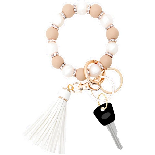 Munchewy Silicone Key Ring Bracelet for Women, Elastic Beaded Wristlet Keychain Key Holder with Zircon & Tassel for Mother's Day Gift