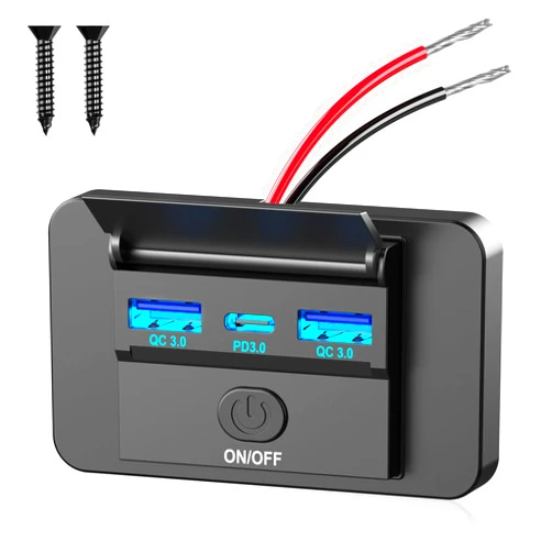 Qidoe 72W 12V USB Outlet Panel Wall Mount, 36W USB C and Dual QC 3.0 18W Car USB Port Charger Socket with Button Switch, Waterproof 3 USB Multi Port Power Outlet DIY 12V Accessories for Car Bus RV Truck