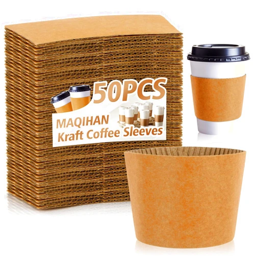 MAQIHAN 50PCS Coffee Cup Sleeves - Hot Coffee Sleeves Disposable Cold Drinks Iced Insulator Cozy Sleeve Coffee Shop Essential Corrugated Paper Insulated Hot Beverage Hand Protection Sleeve fit 12-20oz