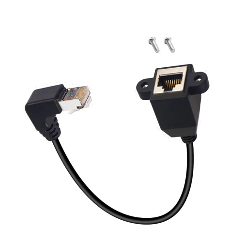 QIANRENON 90°Angle RJ50 10P10C Panel Mount Ethernet Extension Cable, 10P 10C Female to Right Angle Male Communication Extension Cable, Cat5E, Shielded, 30cm/11.8in (Down Bend)
