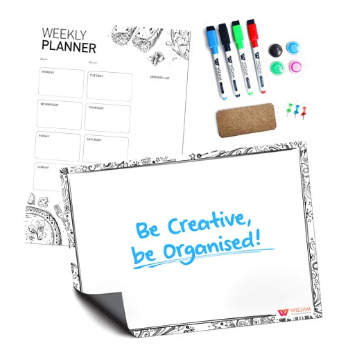 WIZJAM Fridge Whiteboard 15.1 x 10.8” & Weekly Planner 8.2 x 11.8” with Accessories, Refrigerator Dry Erase Magnetic Whiteboard Sheet & Meal Planner Menu Board for Kitchen & Home use